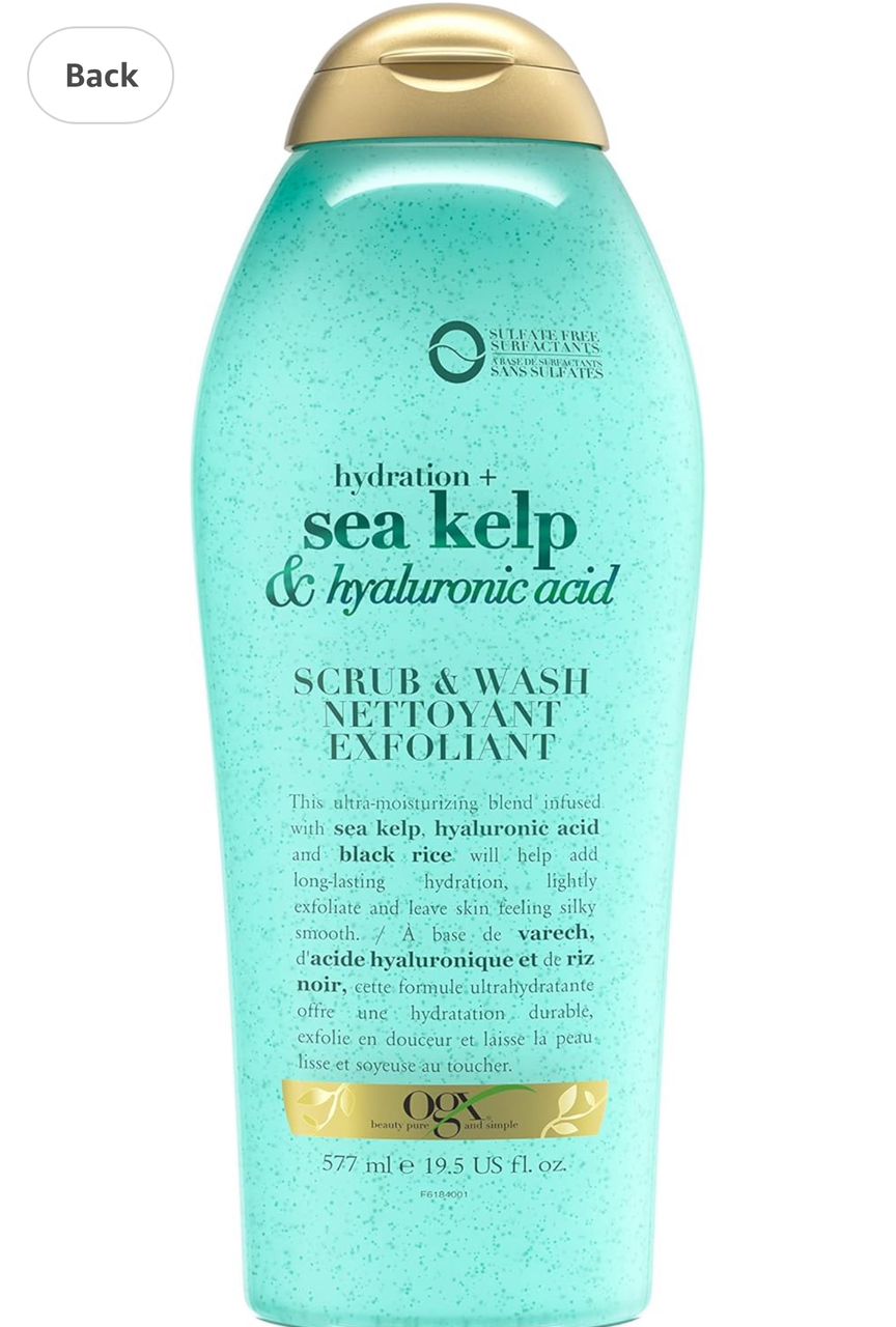 OGX Hydration + Sea Kelp & Hyaluronic Acid Sulfate-Free Lightly Moisturizing Body Scrub with Black Rice, Gentle Exfoliating Daily Body Wash to Soften & Smooth Skin, 577ml