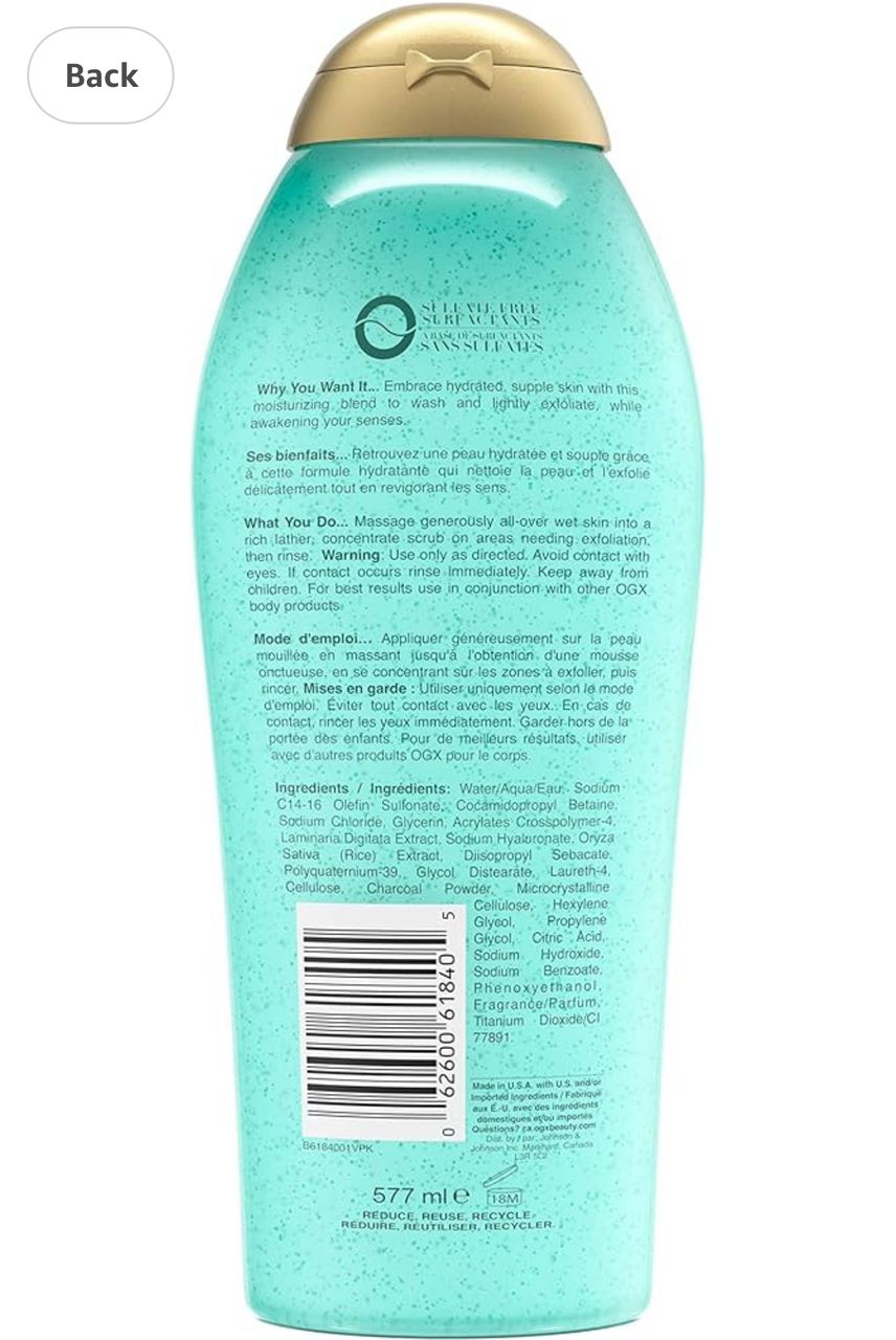 OGX Hydration + Sea Kelp & Hyaluronic Acid Sulfate-Free Lightly Moisturizing Body Scrub with Black Rice, Gentle Exfoliating Daily Body Wash to Soften & Smooth Skin, 577ml